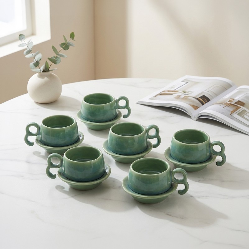 Cafe Charm Ceramic Cup & Saucer Set (Green/200 mL Each) - Set of Six - 200 mL