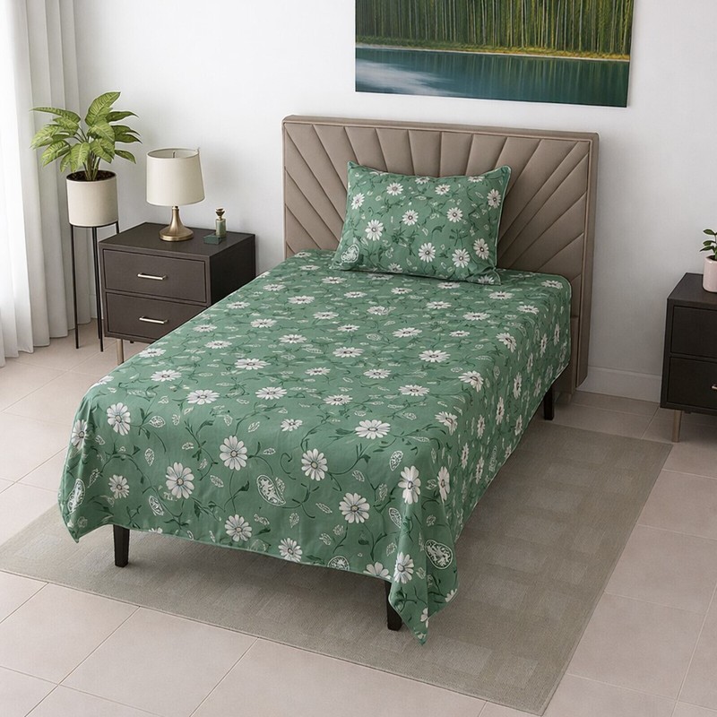 Meadow Charm Cotton Bedsheet (Green) - 290 TC - Single