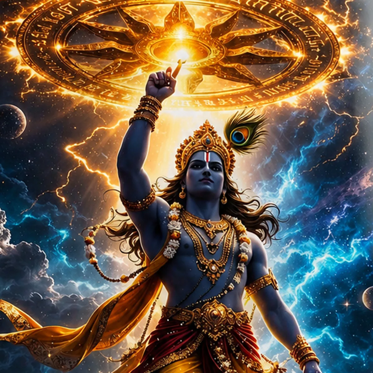 Detailed view of Krishna figure and glowing golden Chakra on cosmic wall art