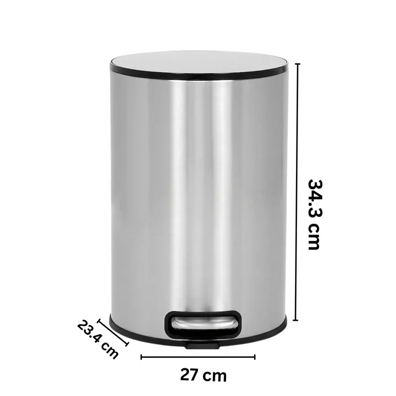 Silver cylindrical pedal dustbin shown with labelled dimensions