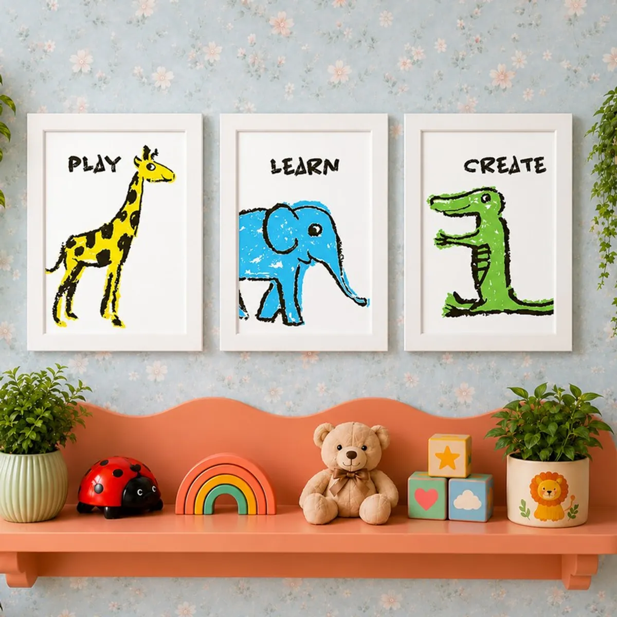 White-framed giraffe, elephant and crocodile prints above a coral shelf