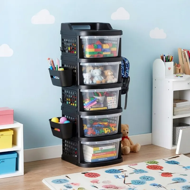 Black five-tier storage rack with transparent drawers in a playroom setting