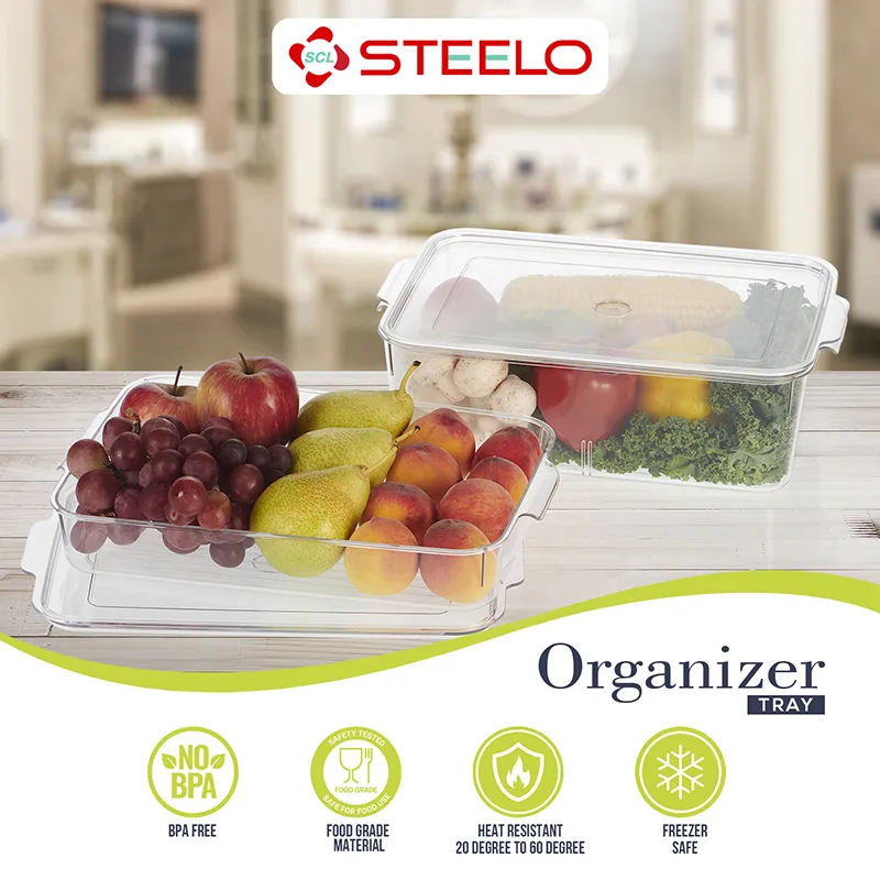 Transparent fridge organiser set shown with food-grade and BPA-free feature icons.