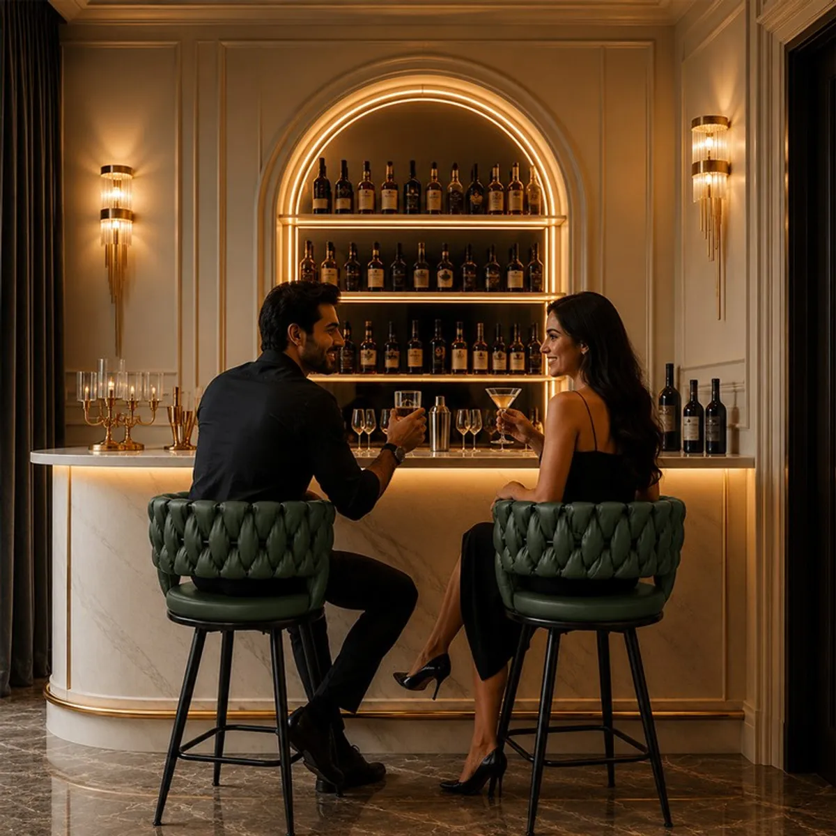 Two green bar stools placed at a stylish home bar in a warm, elegant setting.