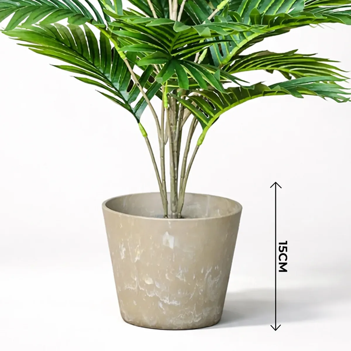 Close-up of a single grey planter with a subtle marbled look