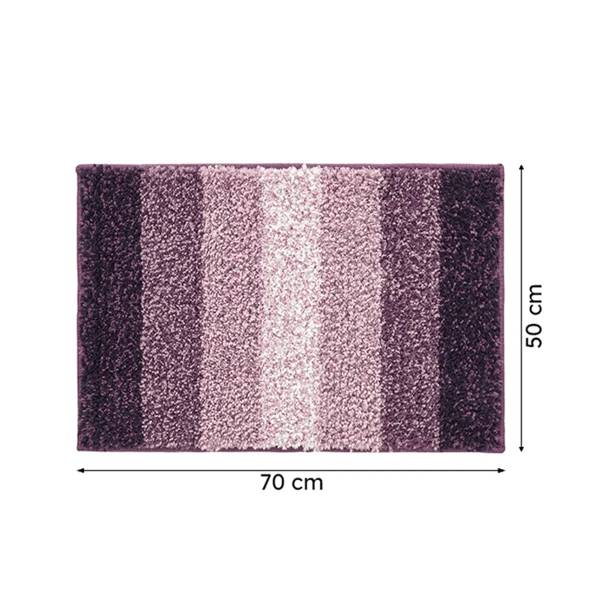 Purple and white rectangular bath mat with visible dimensions