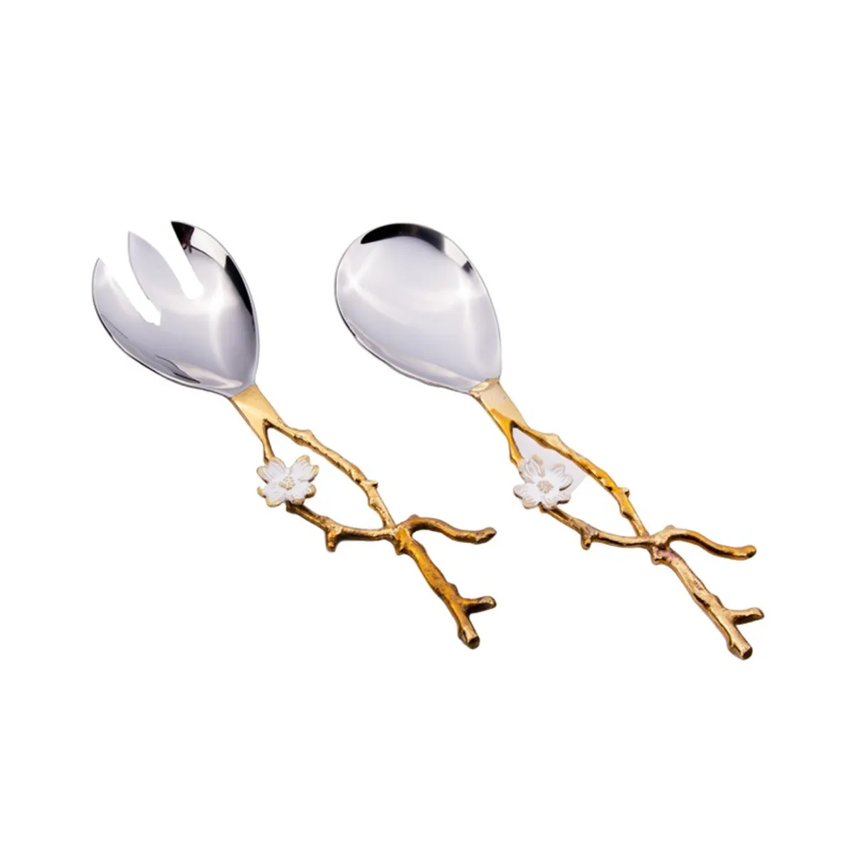 Pair of floral salad servers with silver bowls and gold branch-style handles.