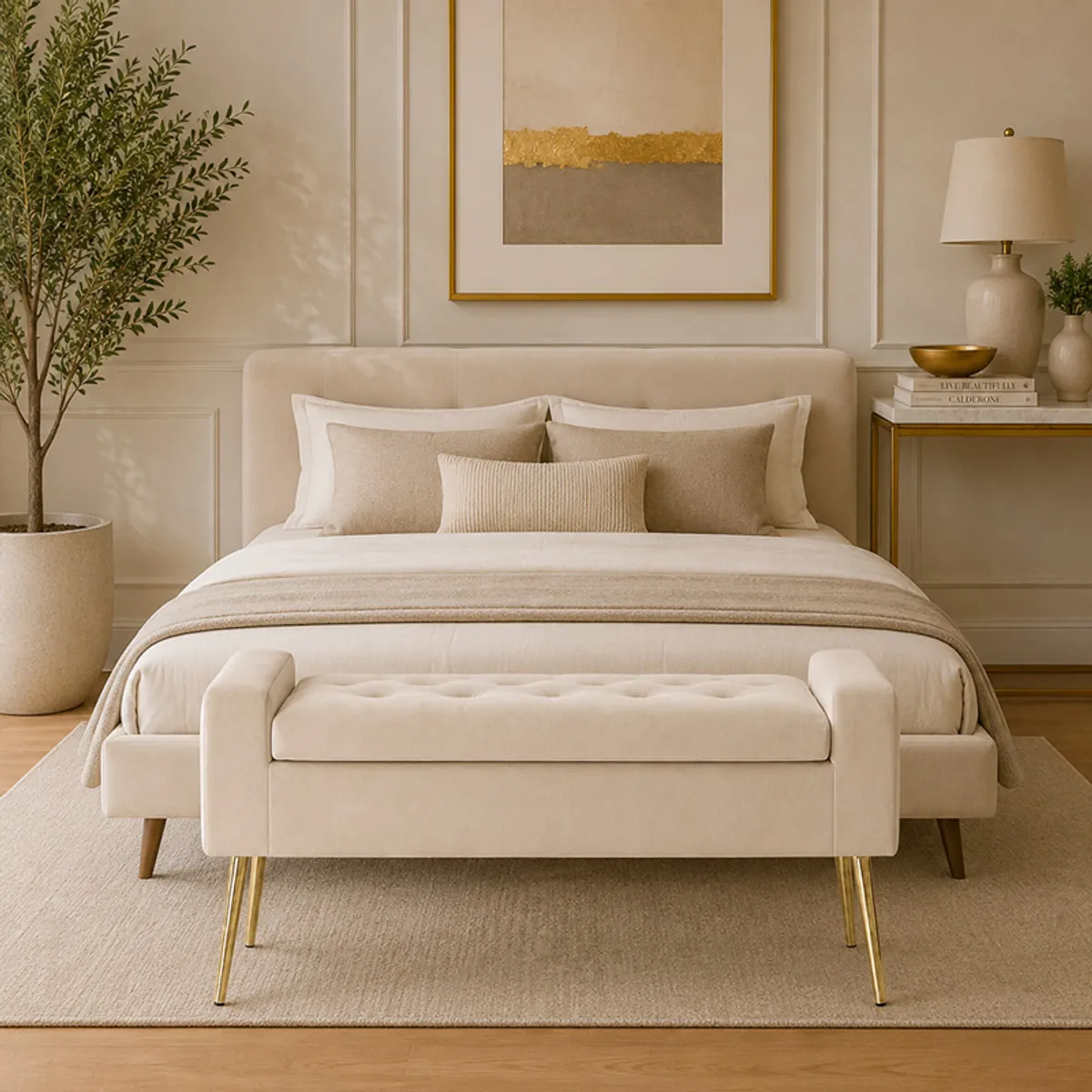 Beige tufted bench positioned at the foot of a bed