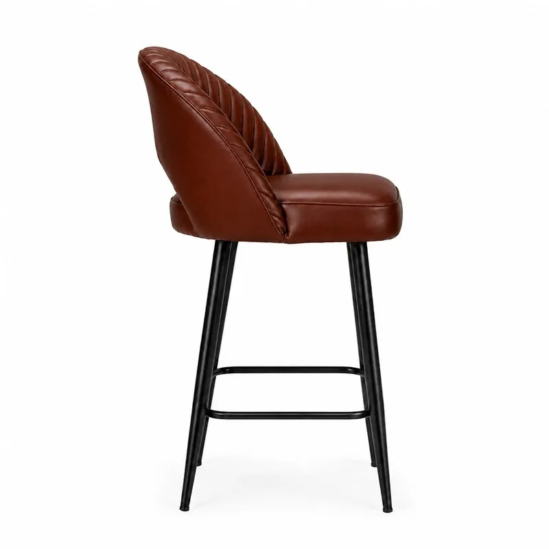 Side view of brown bar chair with upholstered seat and black metal legs
