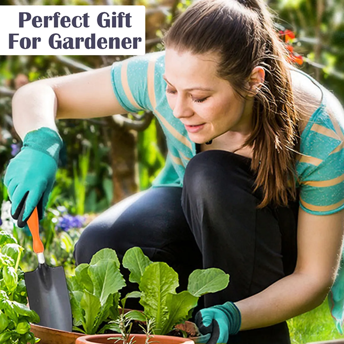 Person gardening outdoors using a hand tool while wearing claw gloves
