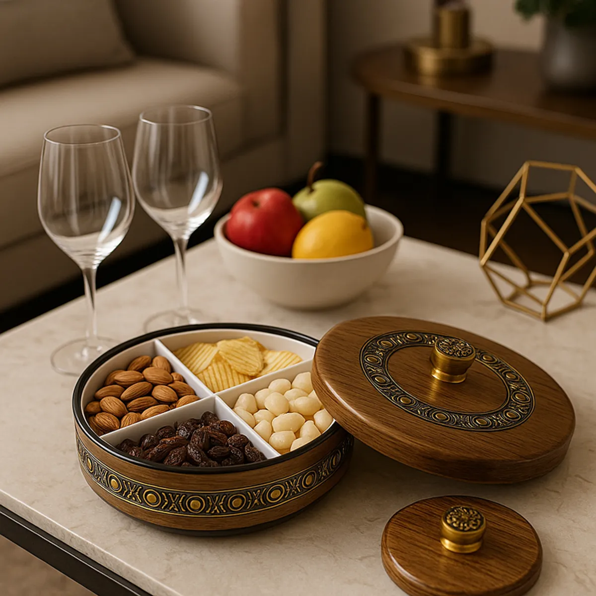 Open divided brown and gold container with snacks on a tabletop