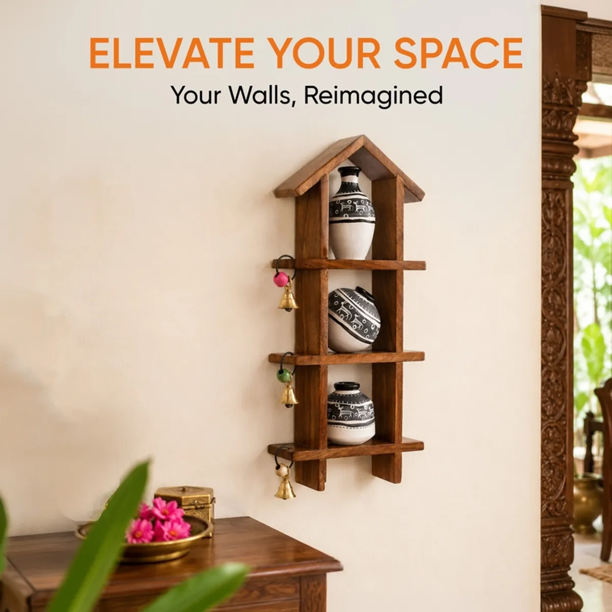 Wooden wall shelf with three patterned vases styled in a traditional Indian interior