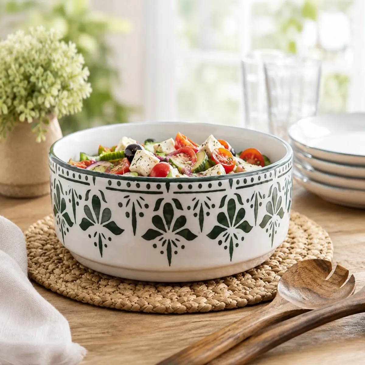 Large white ceramic serving bowl with a green floral pattern holding salad
