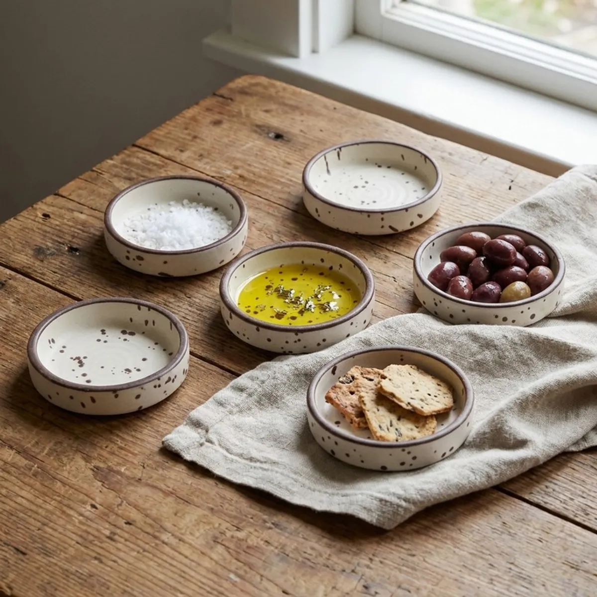White speckled dip bowls styled with salt, oil, olives and crackers