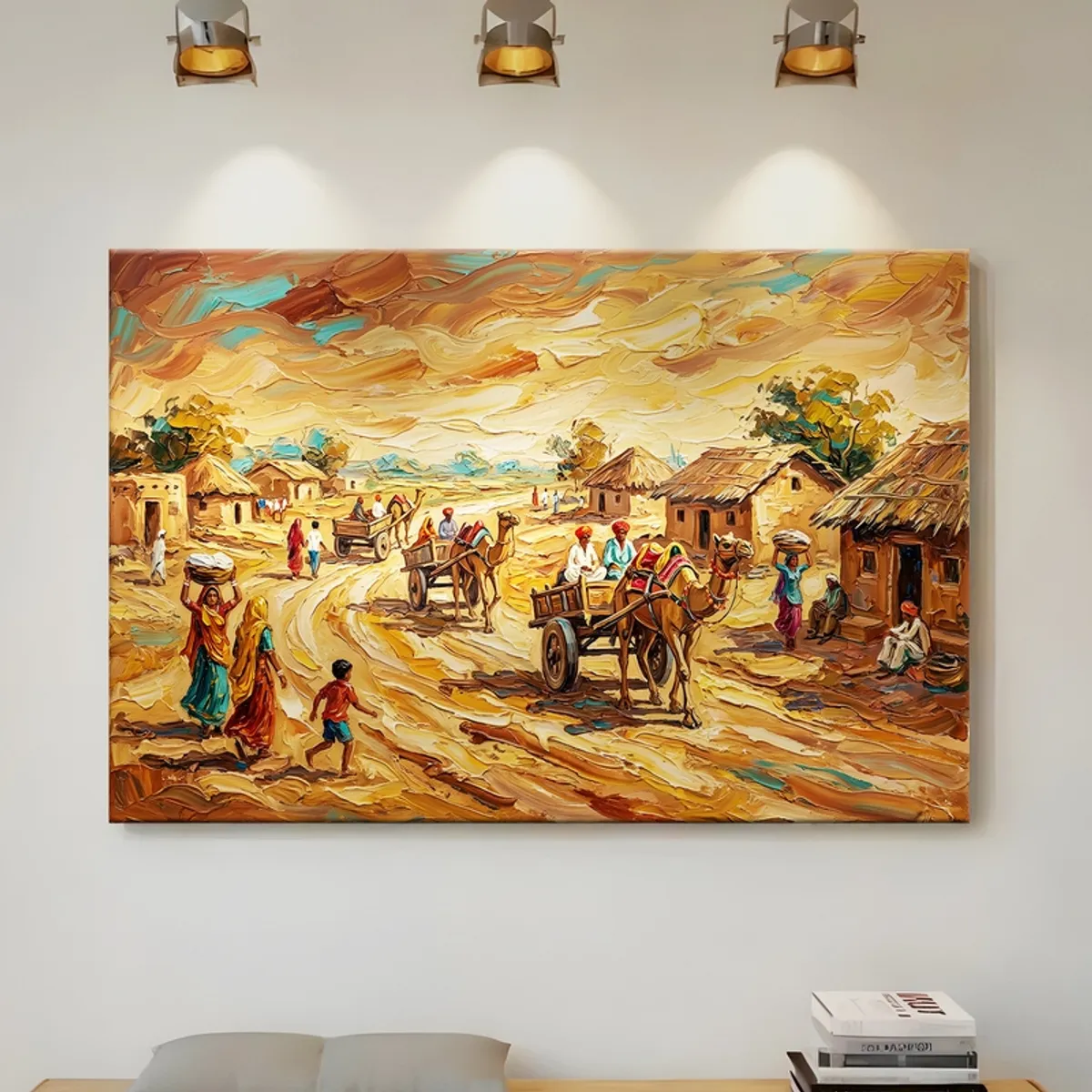 Large canvas painting of a rural village scene displayed on a wall