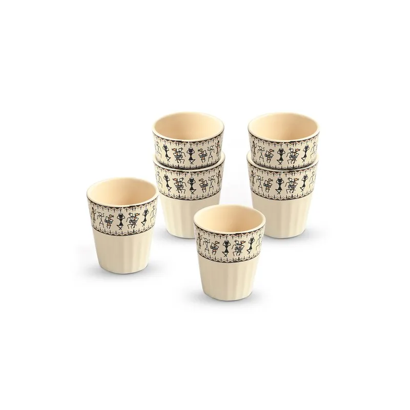 Six cream tea cups with black Warli-style figurative bands