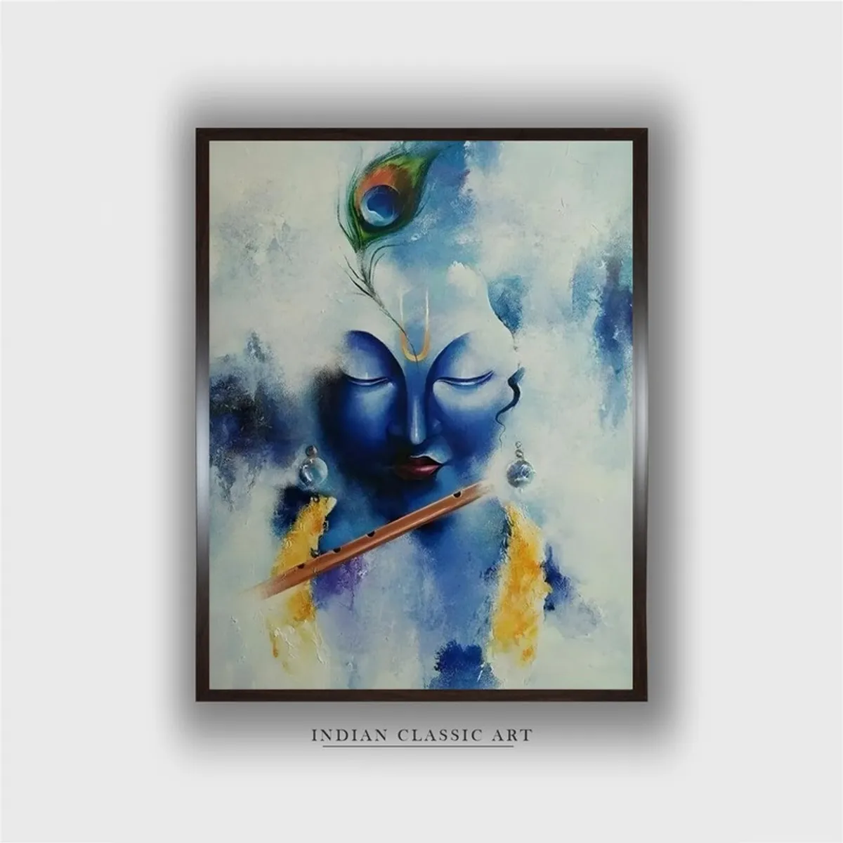 Front view of a framed Krishna portrait painting in blue tones
