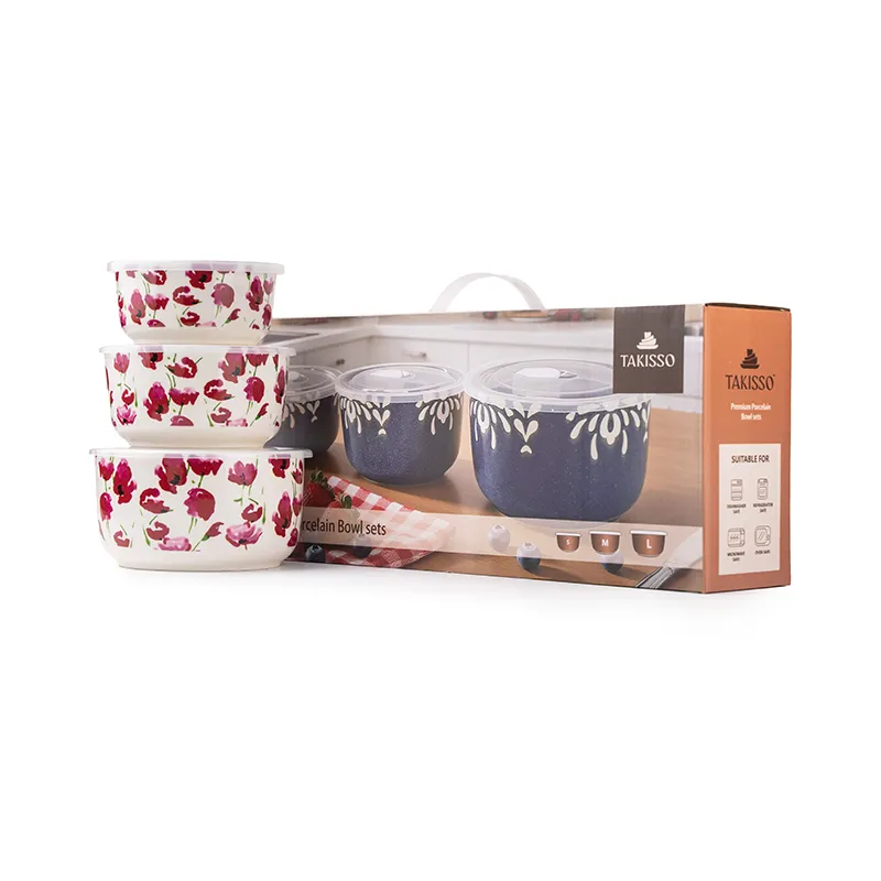 Pink floral container set displayed beside its packaging, with three sizes visible