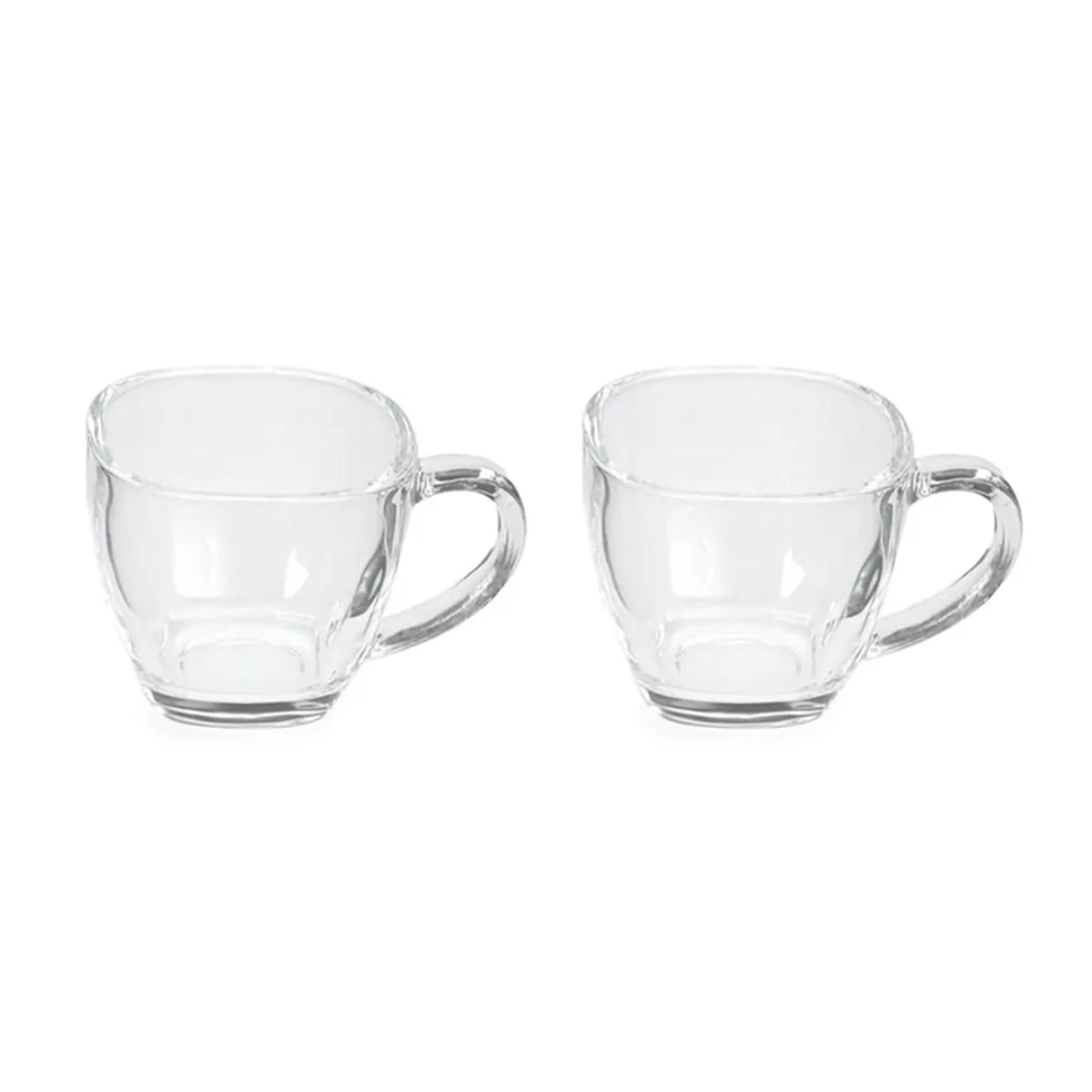 Two empty transparent glass tea cups with handles shown on a white background.