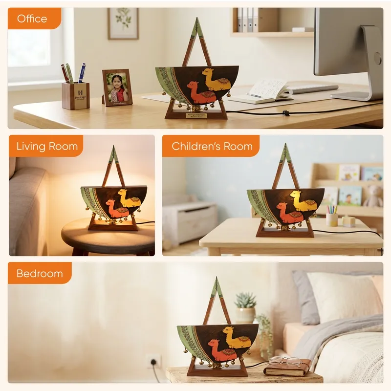 Collage showing the alpaca motif lamp styled in office, living room and bedroom settings