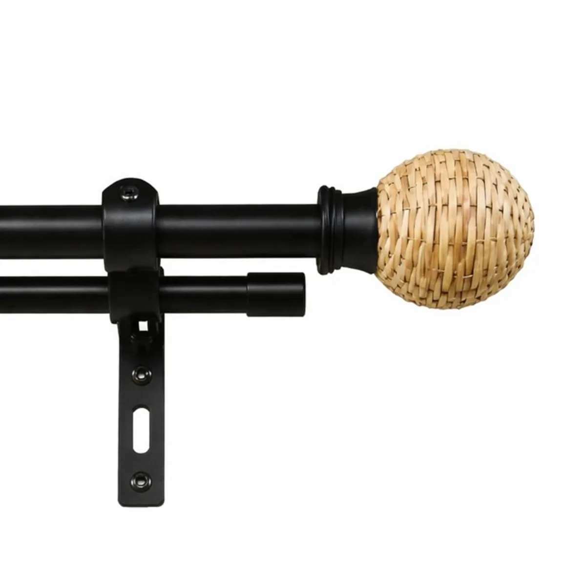 Close-up of black double curtain rod with round woven rattan finial and bracket