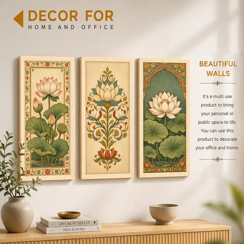 Three framed lotus botanical prints styled above a console table