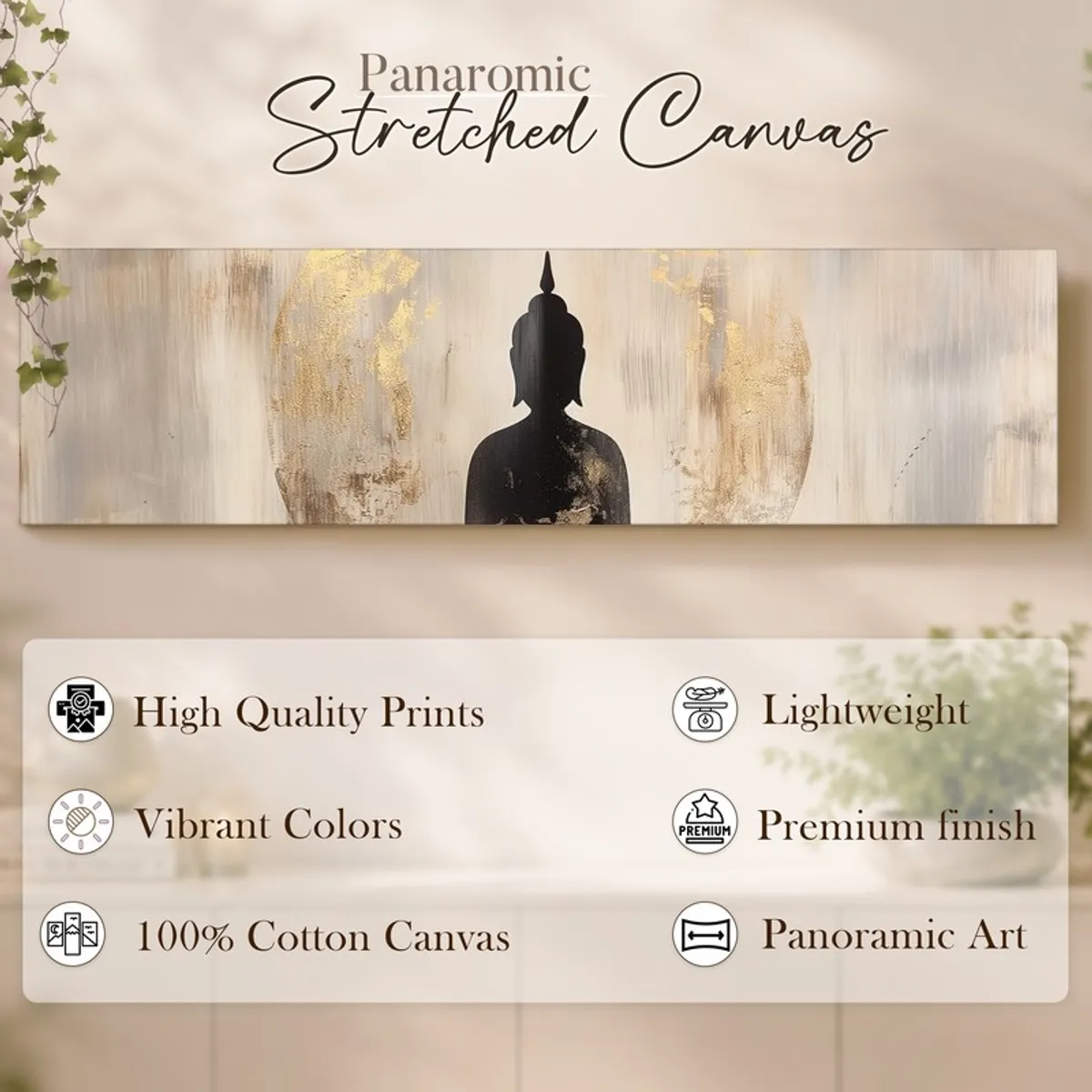 Rectangular Buddha canvas art with abstract grey and gold background