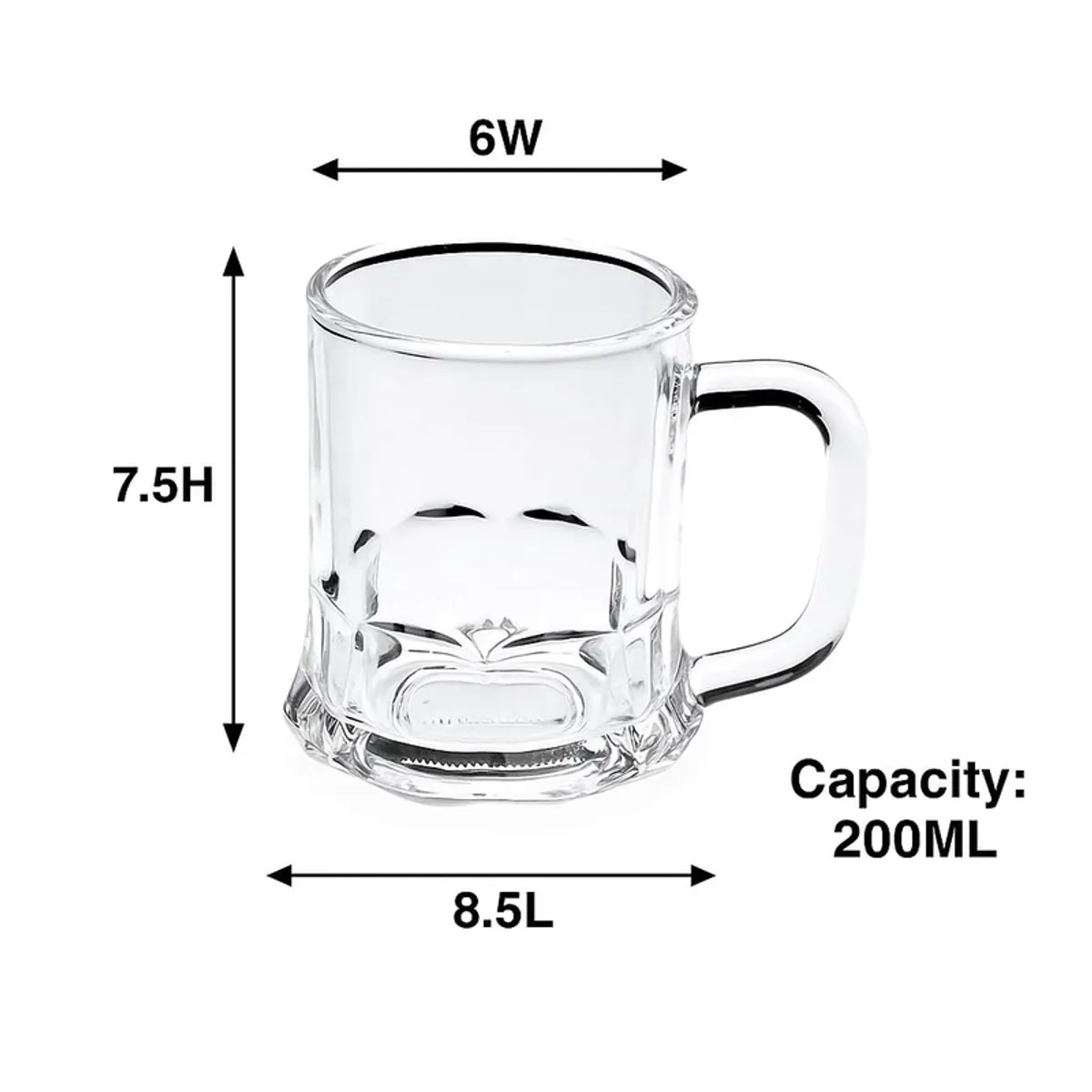 Transparent glass mug with visible length, breadth and height measurements.