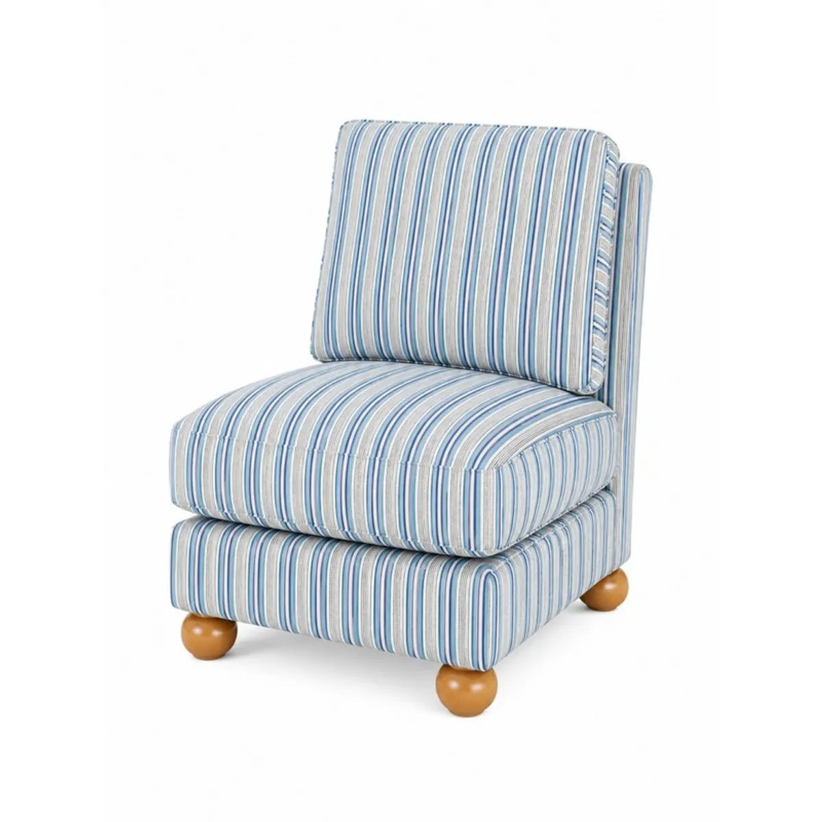 Angled view of a white and blue striped accent chair