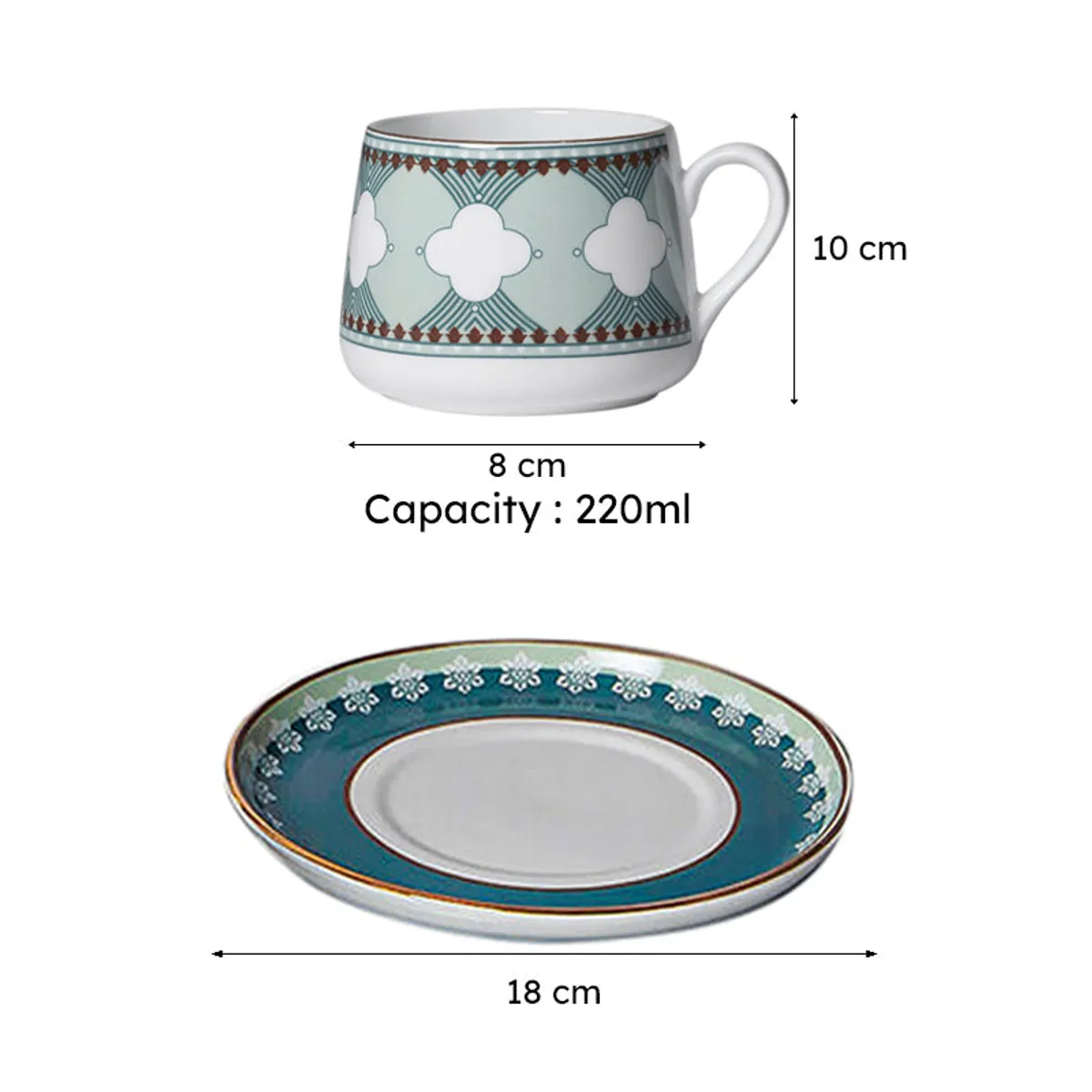 Cup and saucer measurements showing an 8 cm cup length and 10 cm height