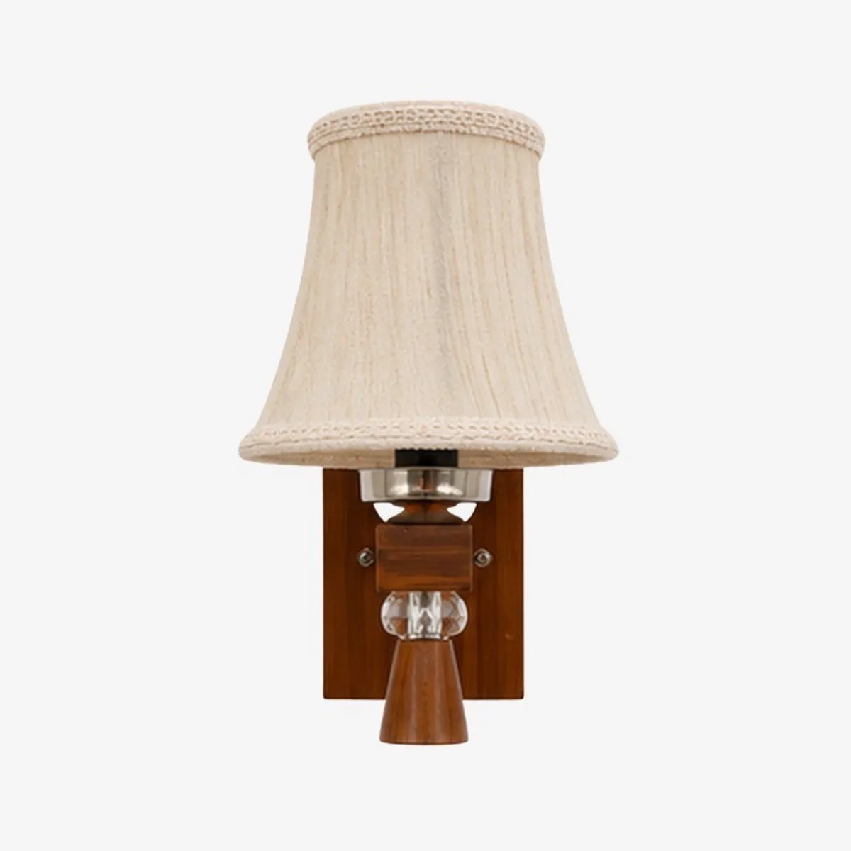 White pleated wall lamp with brown wood finish against a light background