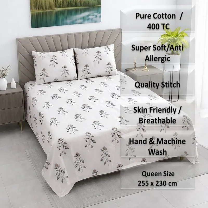 Floral white bedsheet styled on a bed in a contemporary bedroom