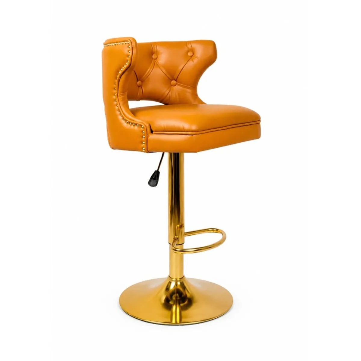 Angled view of an orange upholstered bar stool with decorative tufting