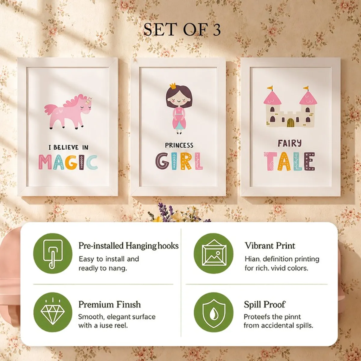 Three framed fairy-themed prints displayed together on a wall