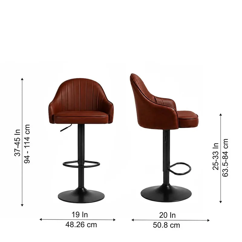 Brown bar chair shown from front and side with dimension arrows