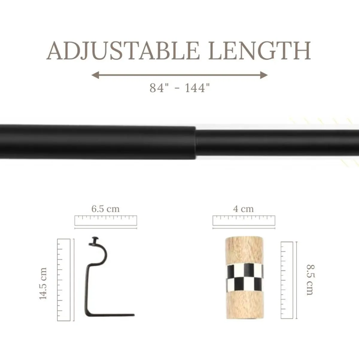 Black extendable curtain rod with a round checkered finial and bracket dimensions shown
