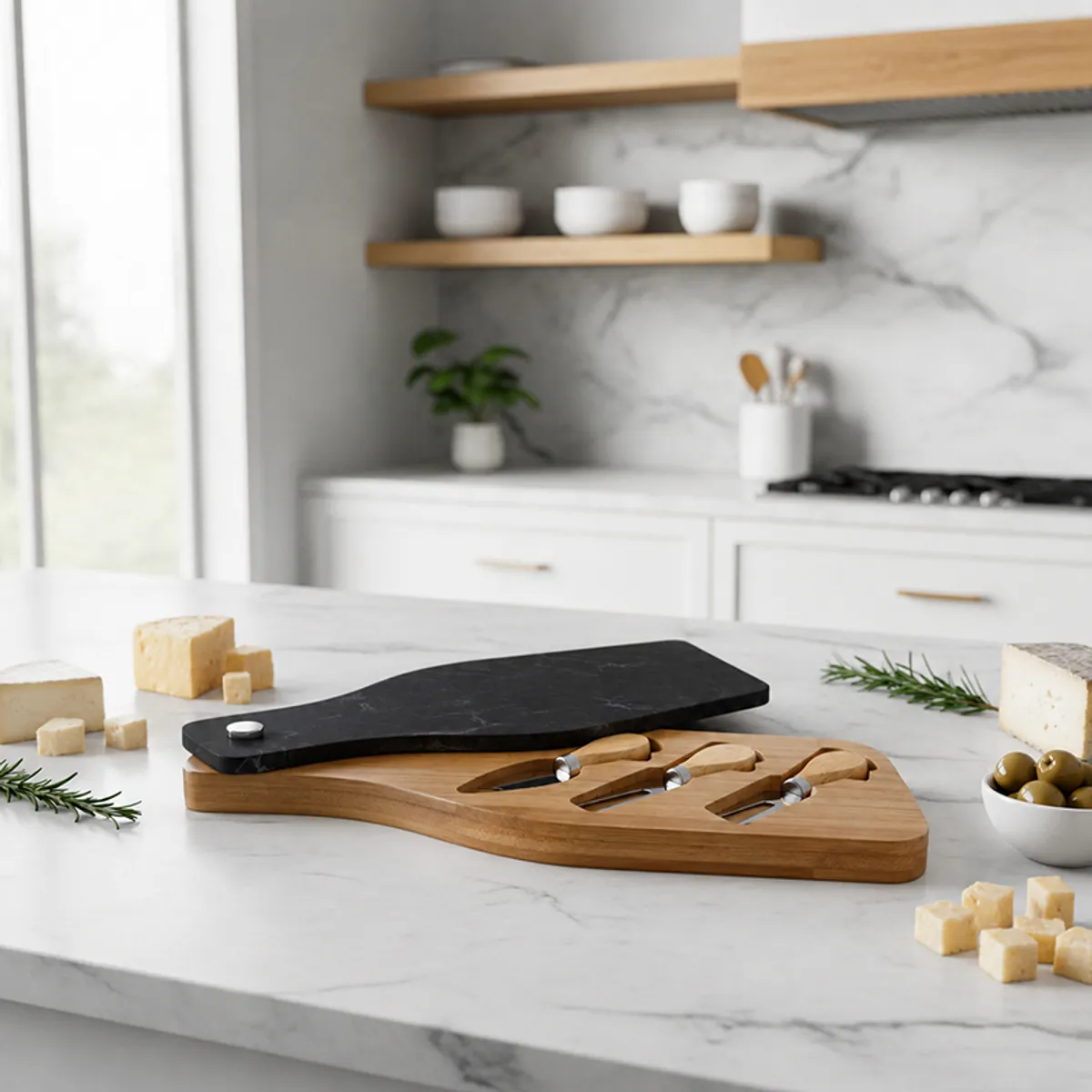 Cheese platter set styled on a modern kitchen island