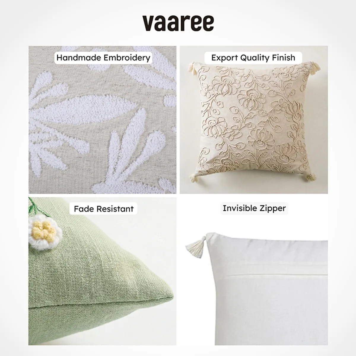 Four-panel collage of decorative cushion details and back view