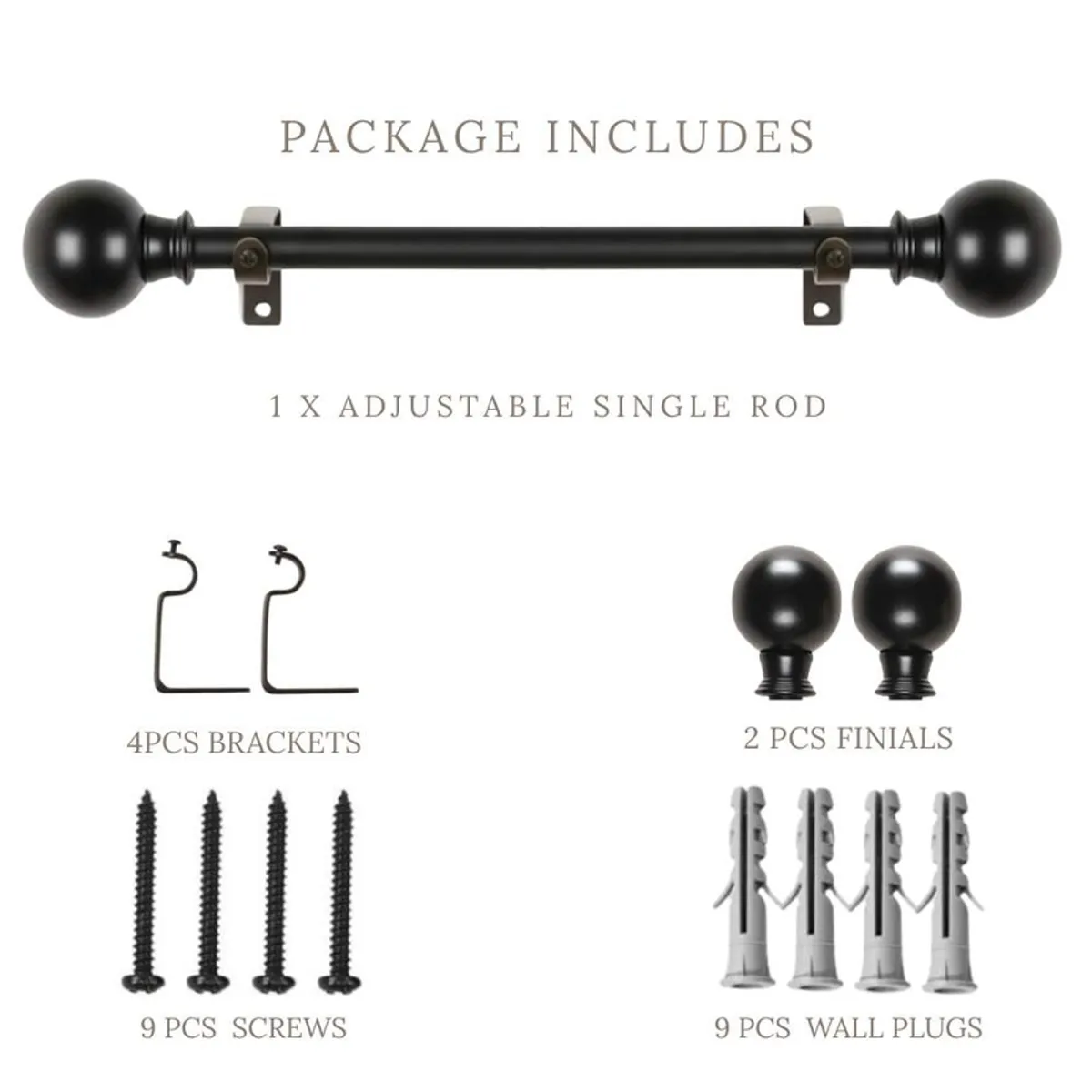 Black curtain rod shown with finials, brackets and mounting hardware.