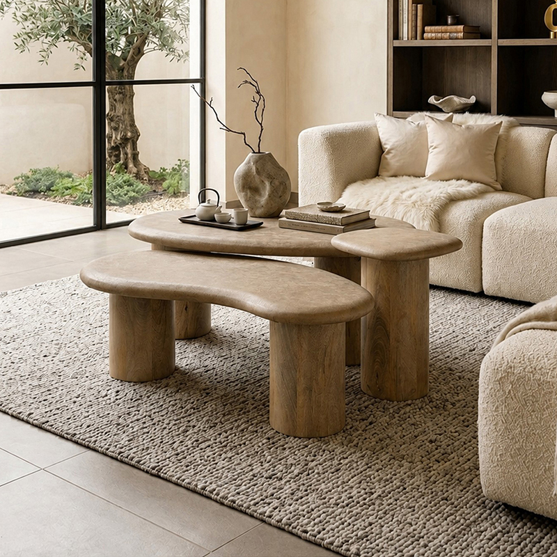 Brookfield Leatherette & Mango Wood Centre Table (Beige) - Set of Three
