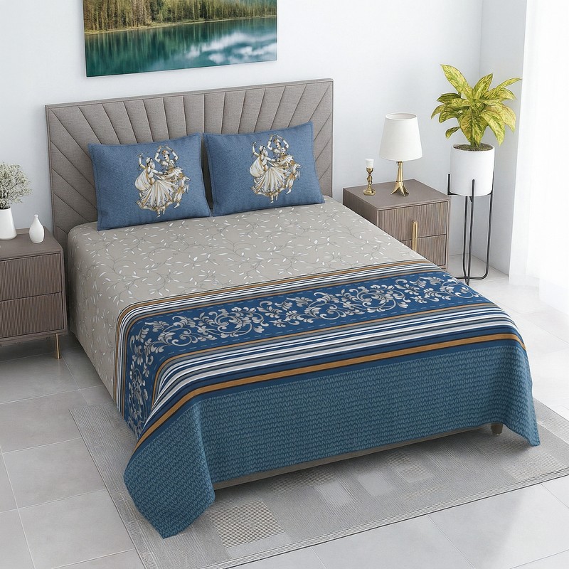 Traditional Charm Cotton Bedsheet (Royal Blue) - 400 TC - King