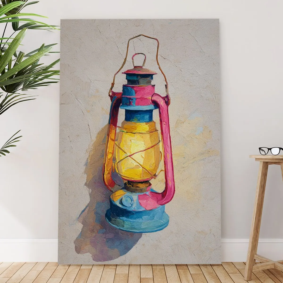 Large rectangular canvas painting of a rustic lamp leaning against a wall