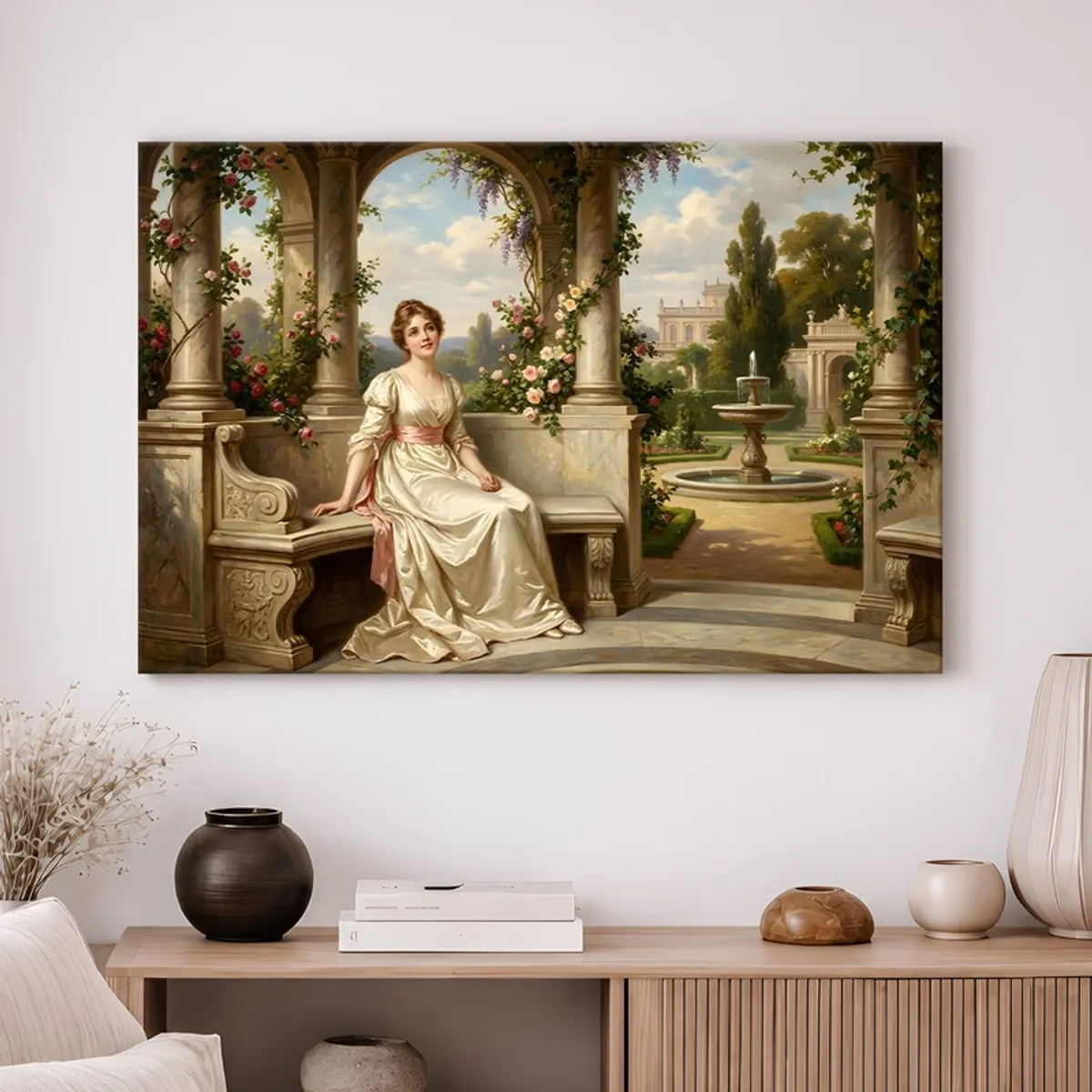 Vintage-style canvas painting displayed above a console with vases in a neutral living room