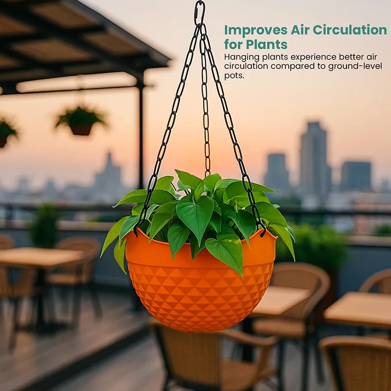 Orange hanging planter with green plant suspended on a terrace