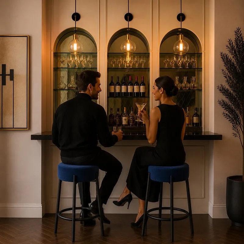 Two blue bar stools placed at a home bar setting