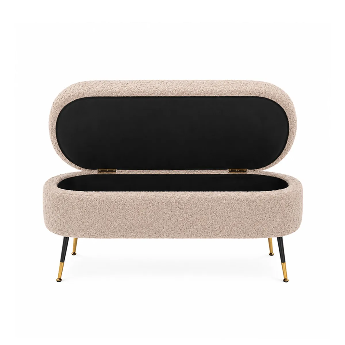 Open beige bouclé bench showing its concealed storage compartment