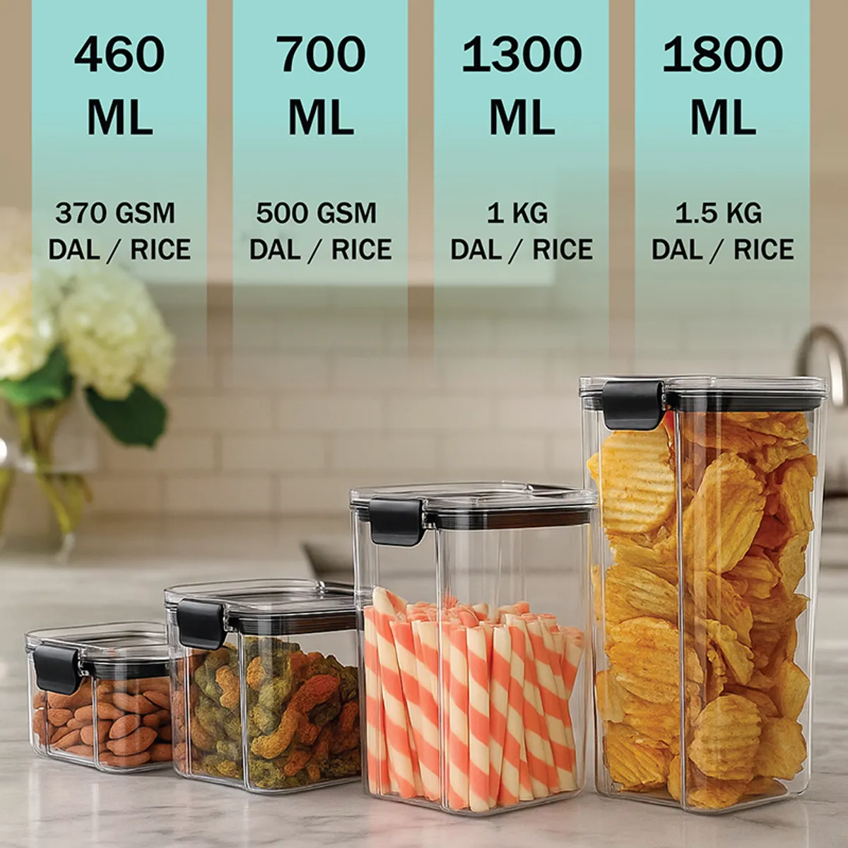 Four clear storage containers in assorted sizes with black lids