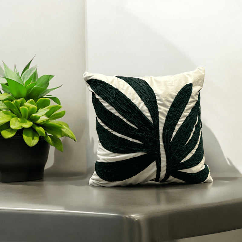 Monochrome Fronds Tufted Cushion Cover - Black & White - 18 x 18 Inches