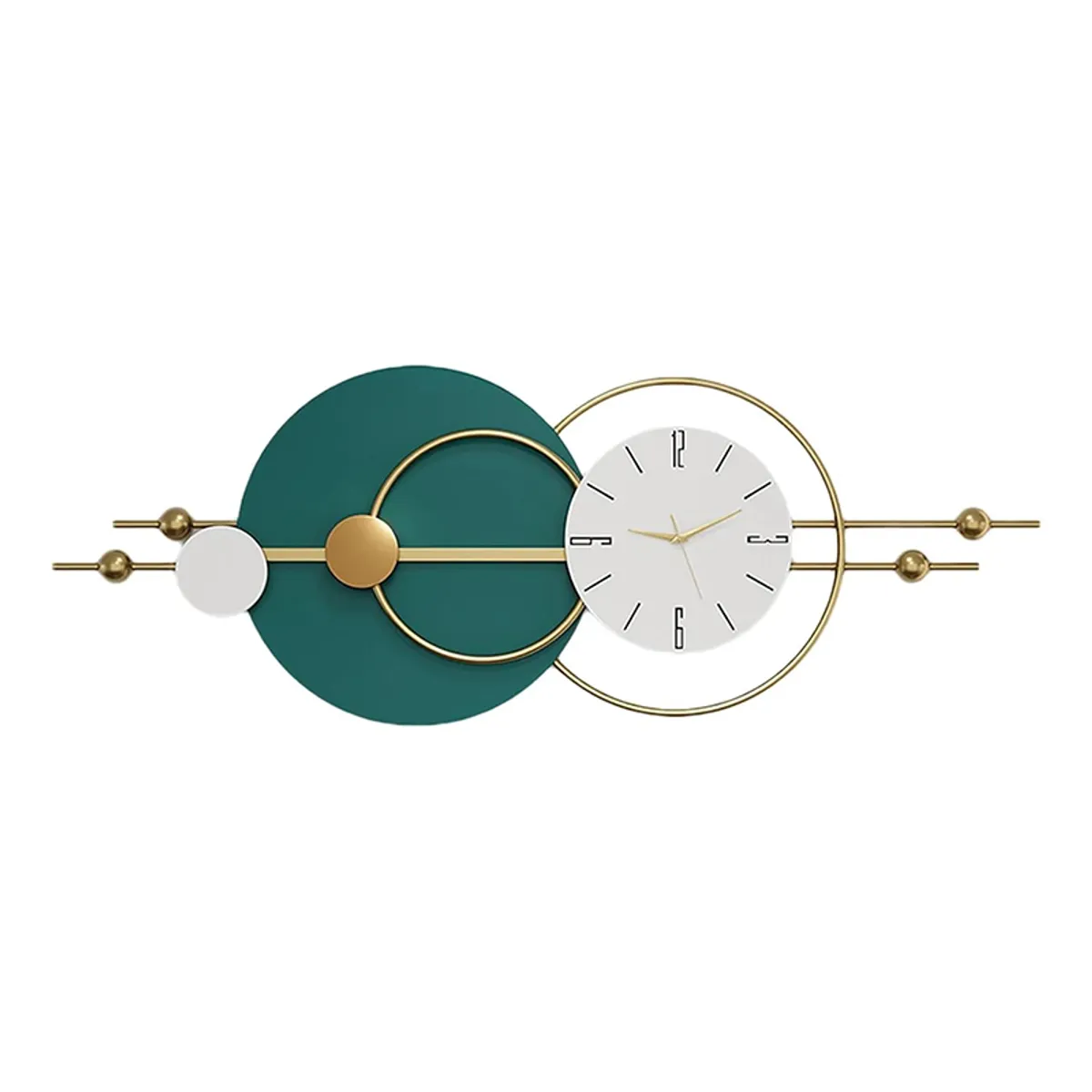 Front view of the green, white and gold geometric metal wall clock