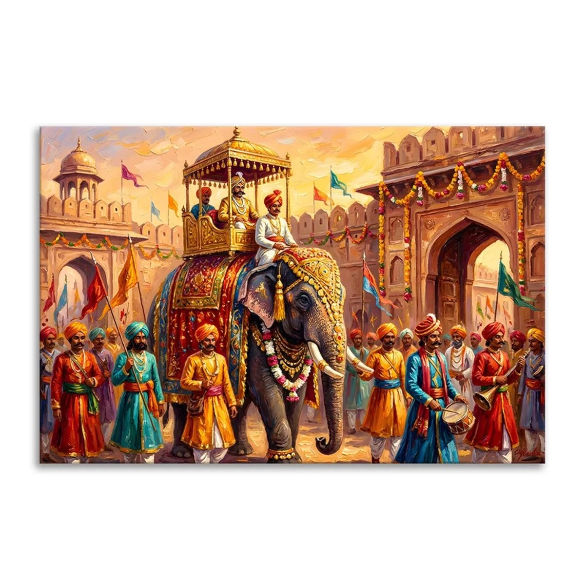 Close view of multicolour royal elephant festival canvas wall painting